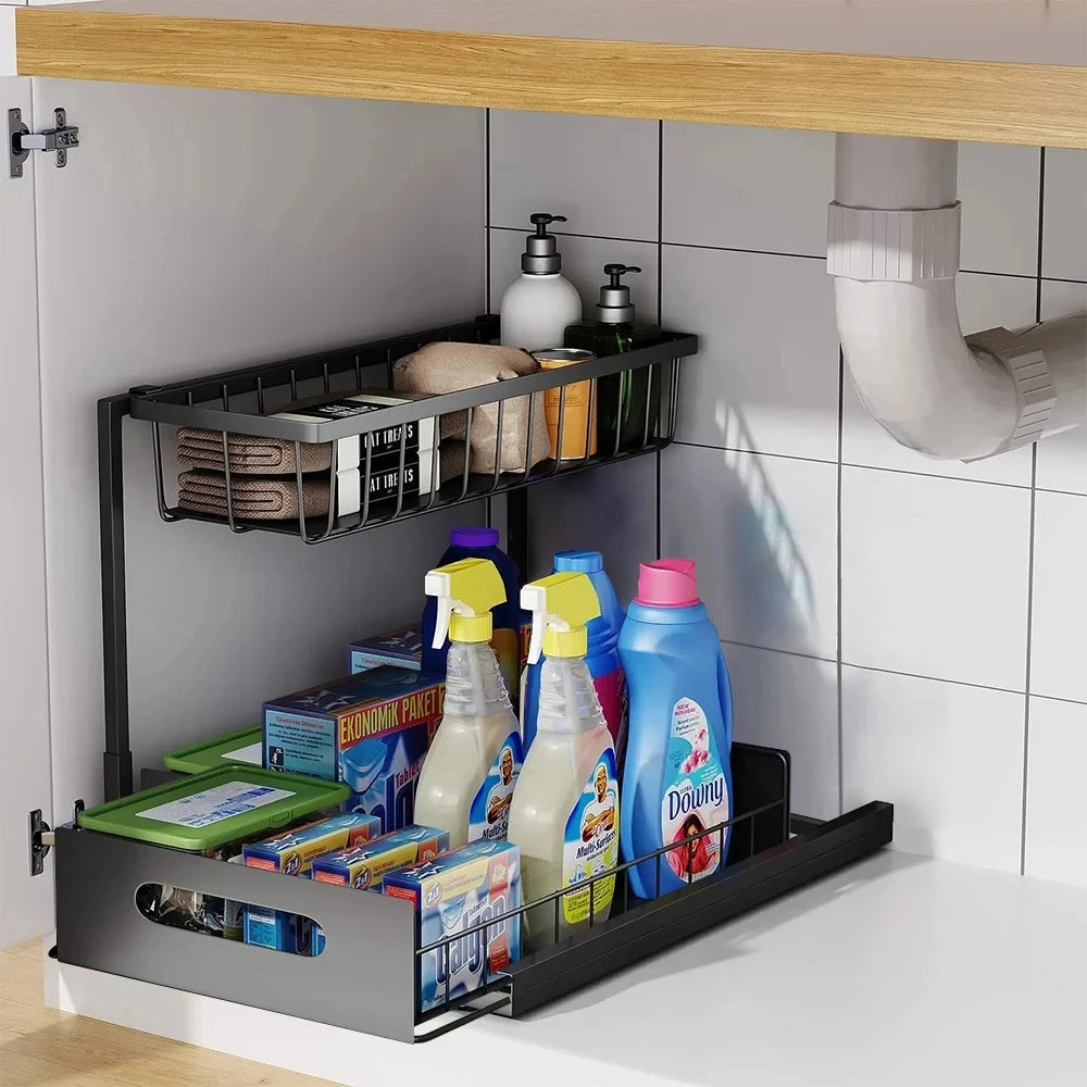 Under Sink Organizer – 2-Tier Sliding Pull-Out Cabinet Basket for Kitchen & Bathroom – Cabinet Organizer
