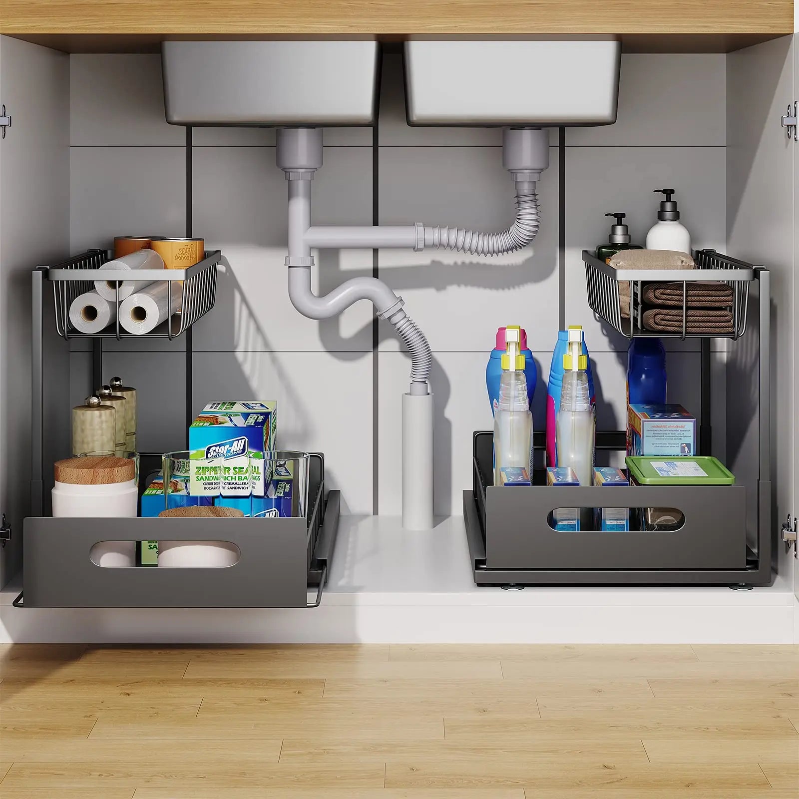 Under Sink Organizer – 2-Tier Sliding Pull-Out Cabinet Basket for Kitchen & Bathroom – Cabinet Organizer