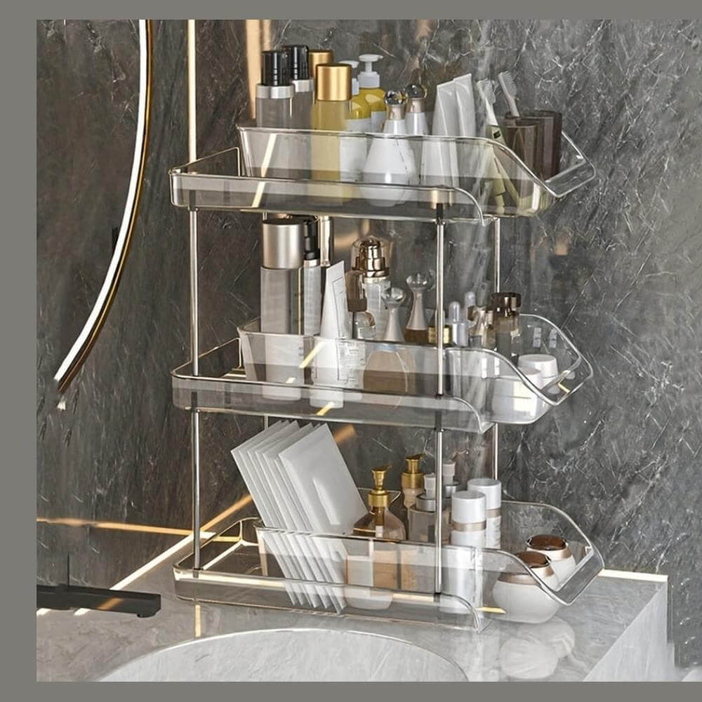 Clear Pull-Out Bathroom Organizer showcasing an under-sink bathroom organizer for efficient storage.