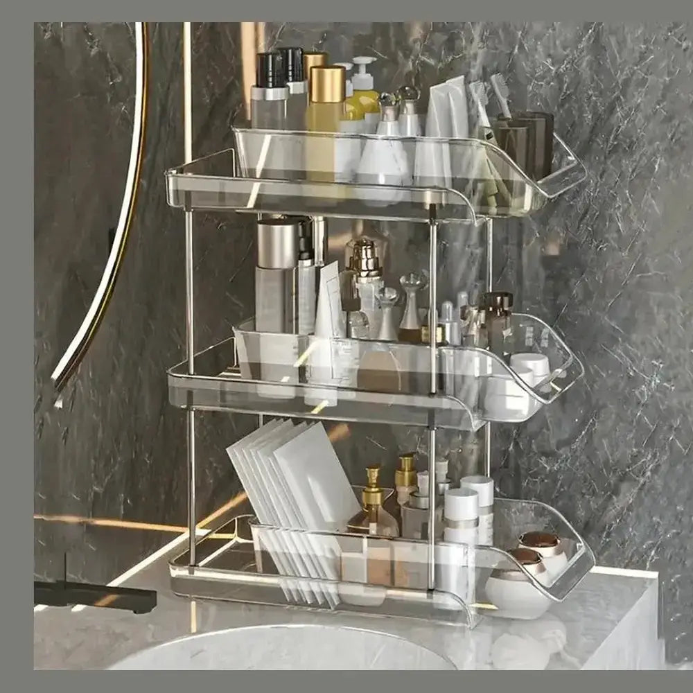 Clear Pull-Out Bathroom Organizer showcasing tiered under-sink bathroom organizer with sliding drawers for easy access.