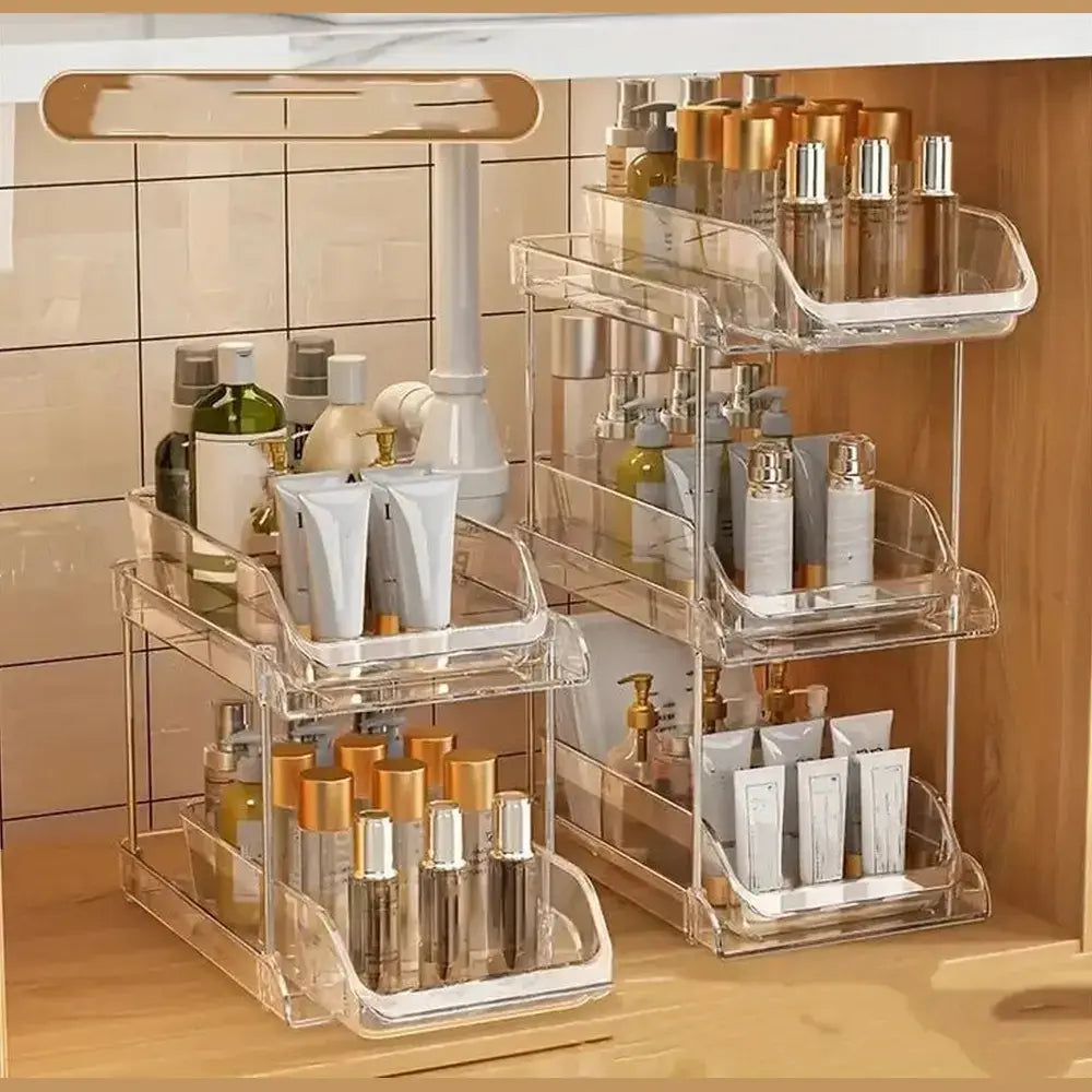 Clear Pull-Out Bathroom Organizer showcasing organized skincare products as an under-sink bathroom organizer.