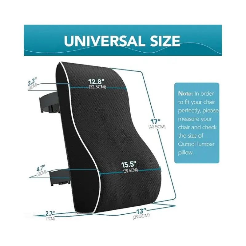 Memory foam lumbar support pillow with an ergonomic design, in black.