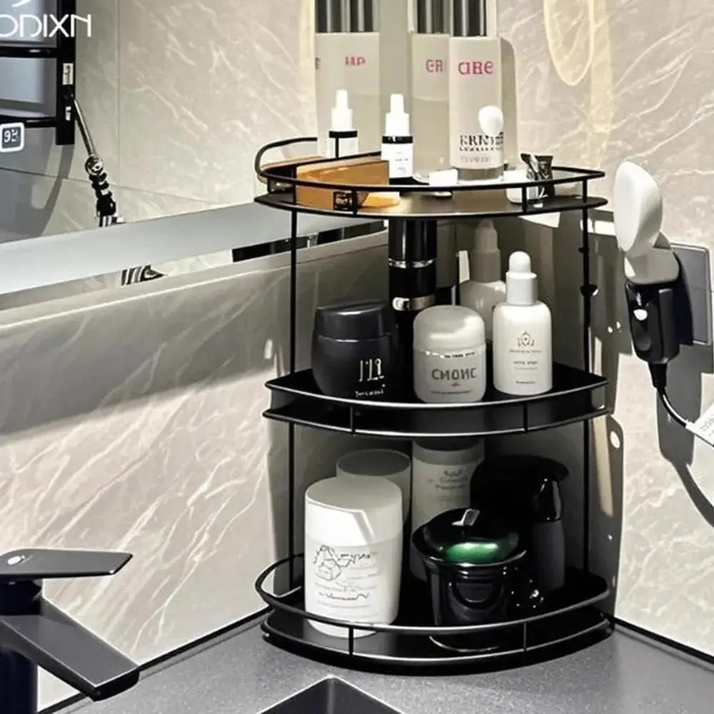 Black Wall-Mounted Bathroom Corner Shelf displaying various toiletries and beauty products in modern bathroom decor.