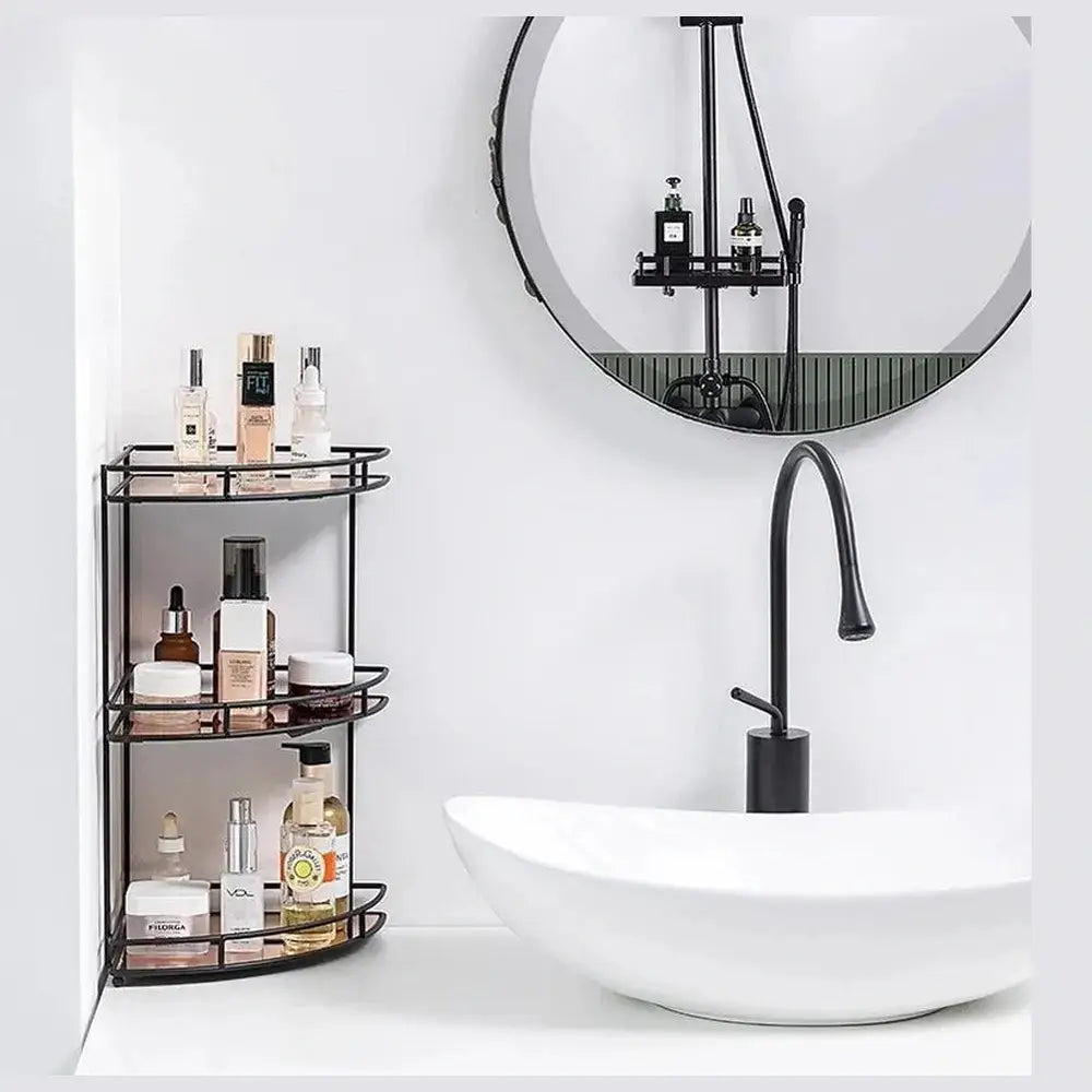 Black wall-mounted bathroom corner shelf displaying various toiletries, enhancing storage and organization in a modern bathroom.