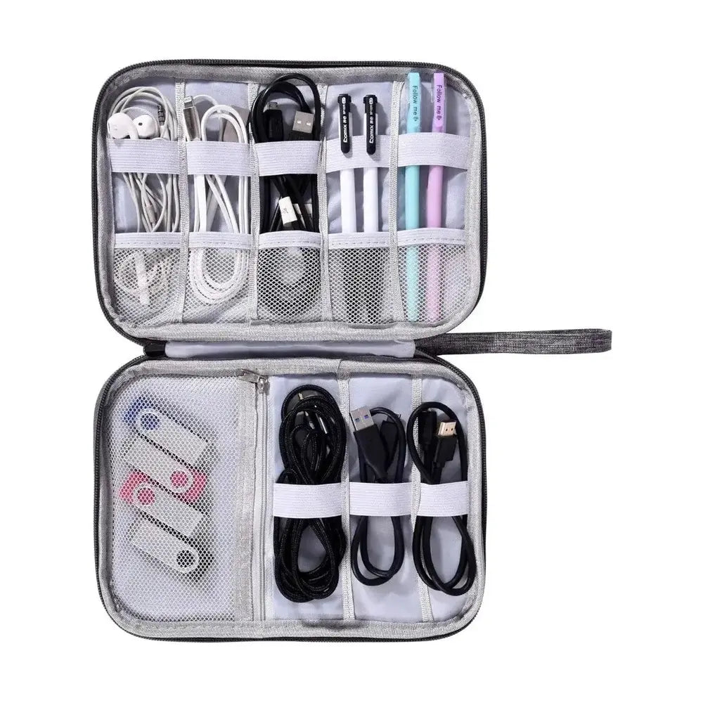 Waterproof electronics organizer bag with cables and chargers neatly stored.