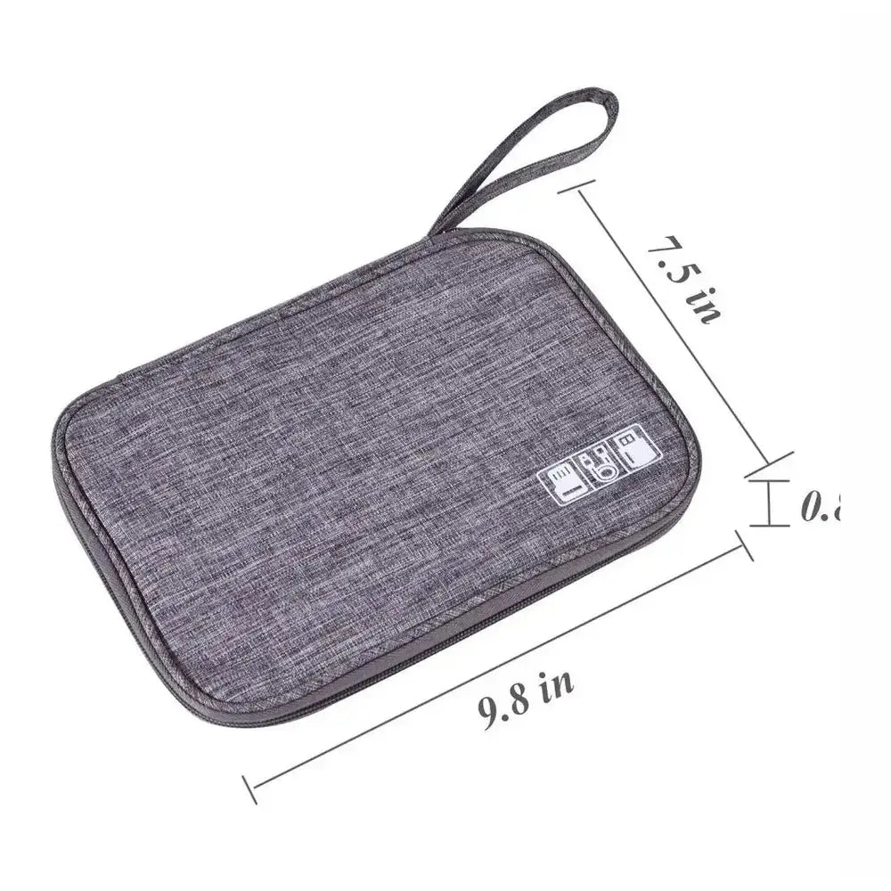 Waterproof electronics organizer bag dimensions showing compact storage for cables and chargers.