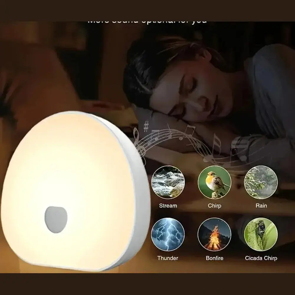 White noise night light for better sleep, featuring soft ambient glow and sound options like rain and stream.
