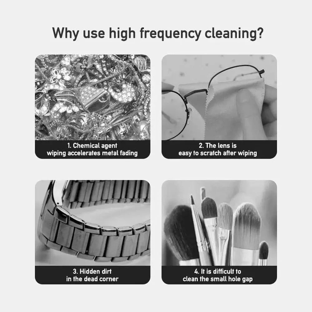 Mini Ultrasonic Jewelry Cleaner product packaging box showing tools and equipment included