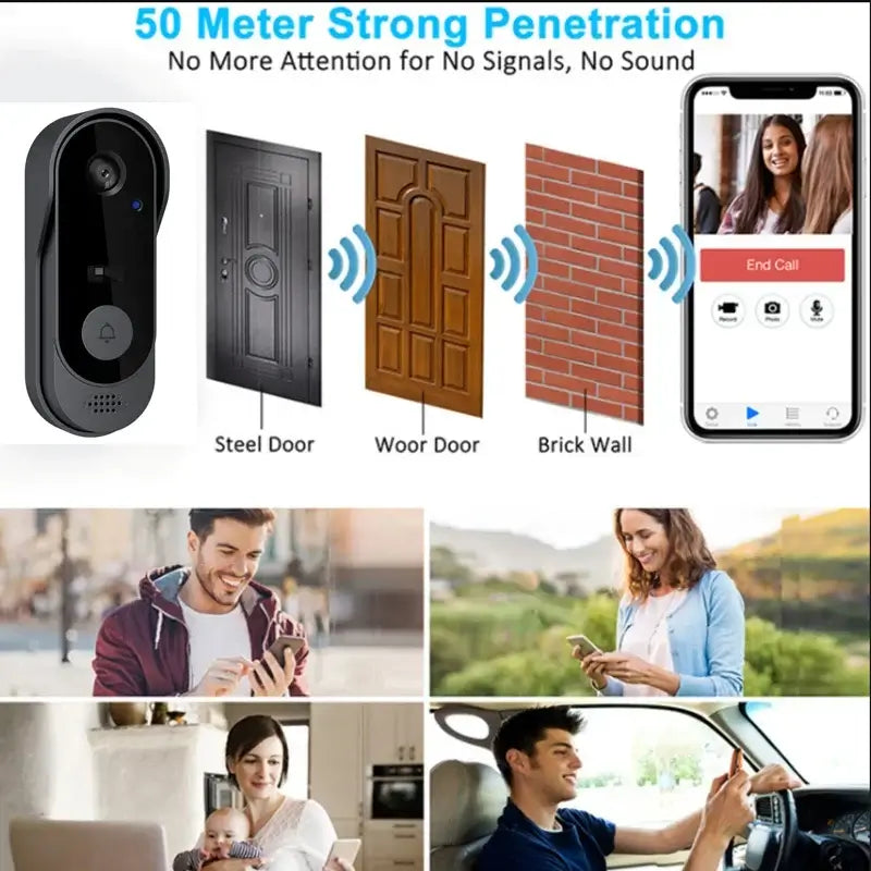 Wireless video doorbell with HD camera, night vision, and two-way audio intercom.