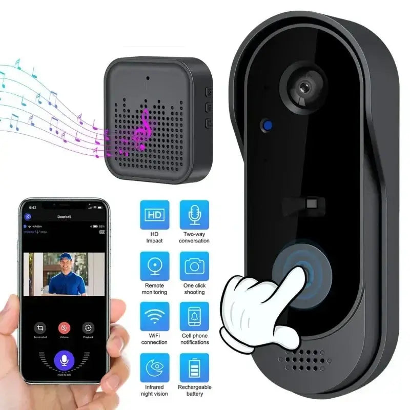 Wireless video doorbell with HD camera, night vision, and two-way audio intercom.