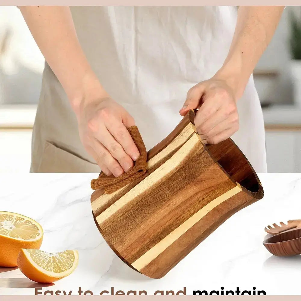 Rotating acacia wood utensil holder in use, showcasing easy cleaning and maintenance features.