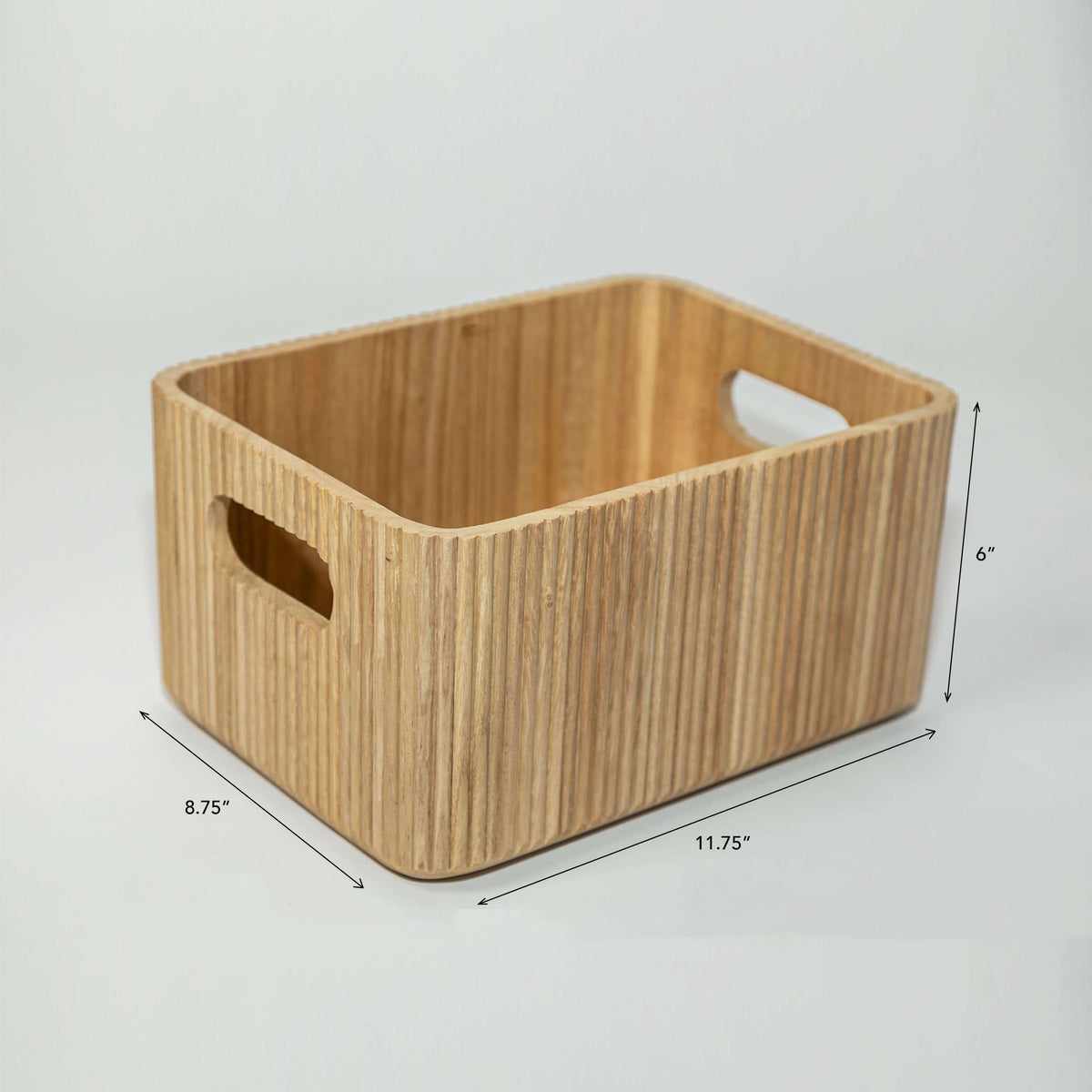 Wooden ribbed storage bin in natural paulownia wood with fluted exterior and handles, 11.75 x 8.75 x 6 inches