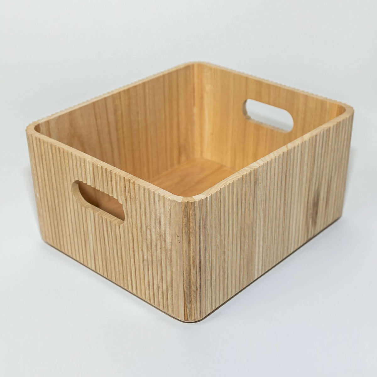 wooden ribbed storage bin in natural paulownia wood, large 11.75 inch width with fluted exterior and handles