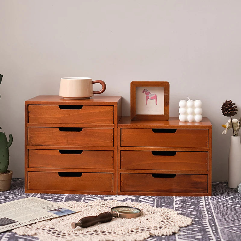 Japanese-Style Wooden Storage Drawers – Minimalist Solid Wood Desk Organizer, 1–4 Drawer Options – Home Organization