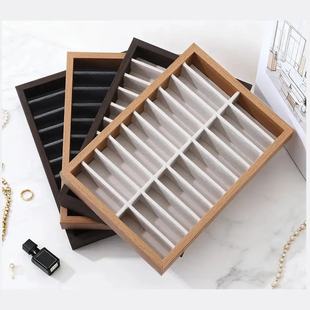 Close-up of the wooden velvet jewelry tray organizer's soft velvet lining.