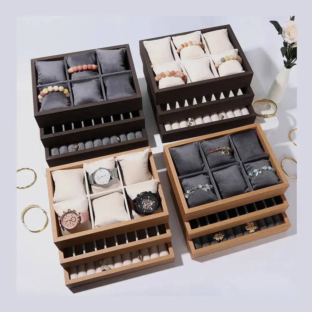 Wooden velvet jewelry tray organizer shown stacked three trays high.