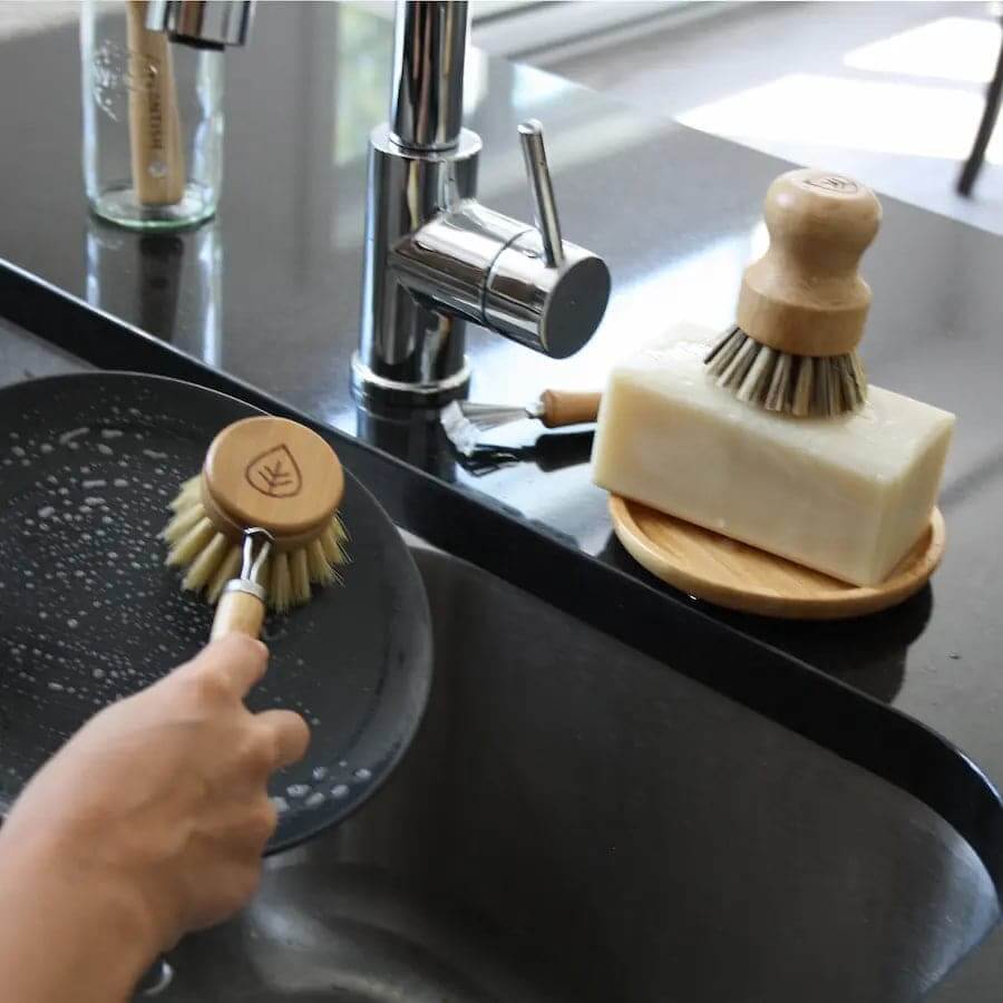 Zero waste kitchen cleaning brush set with natural bristles for eco-friendly dishwashing.