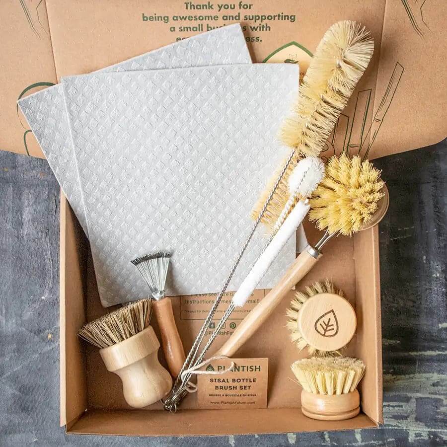 Zero waste kitchen cleaning brush set with natural bristles for eco-friendly dishwashing.