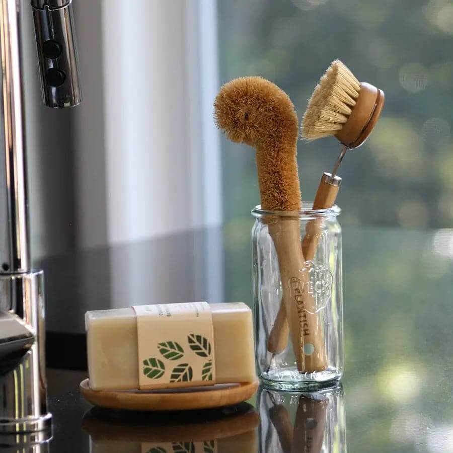 Zero waste kitchen cleaning brush set with natural bristles for eco-friendly dishwashing.